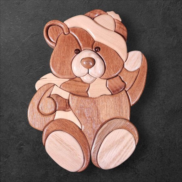 Set of 3 Wooden Intarsia Teddy Bear Wall Plaques Nursery Cottagecore Decor - Picture 4 of 8